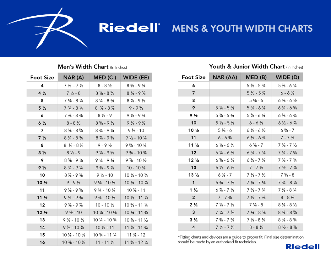Riedell Men and Youth Width Chart